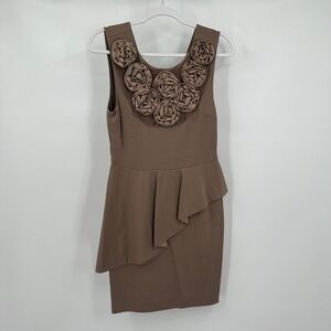 Womens Taupe‎ Rosette Appliqué Peplum Cocktail Dress Size M Romantic Glam